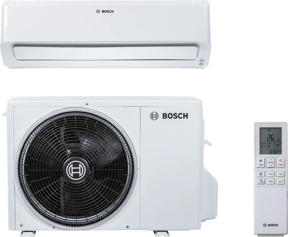 Split-Klimagerät von Bosch mit einer Inneneinheit und einer Außeneinheit. Fernbedienung zur Steuerung der Temperaturen. Design in Weiß.